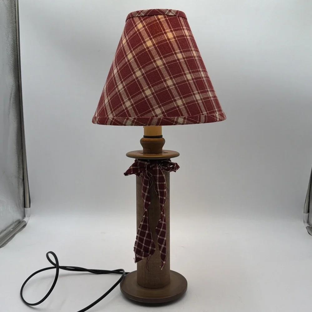 Primitive Vintage Wooden Bobbin Spool Lamp Base W/Homespun Shade